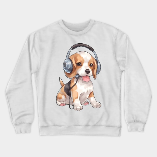 Watercolor Beagle Dog with Headphones Crewneck Sweatshirt by Chromatic Fusion Studio